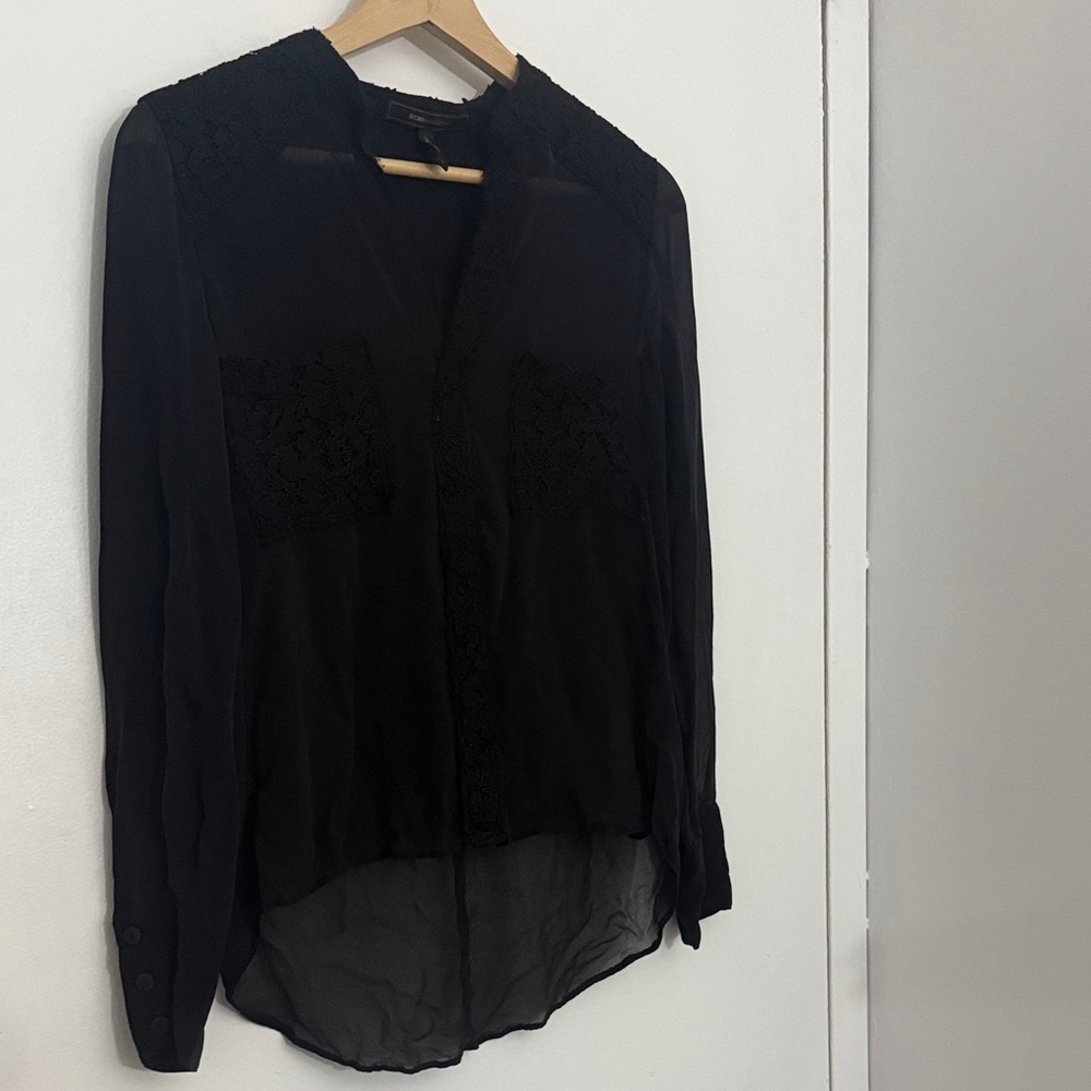 BCBGMAXAZRIA Sheer Black with Lace Details High-Low Blouse - size S